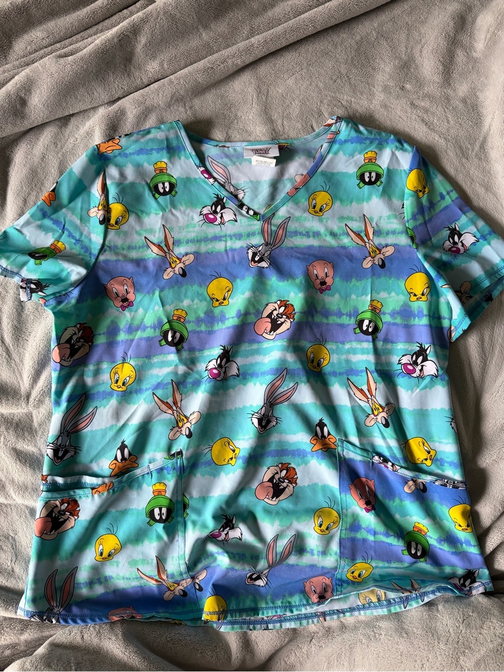 Warner Bros. V-Neck Scrub Top in Aqua and Blue with Looney Tunes Faces